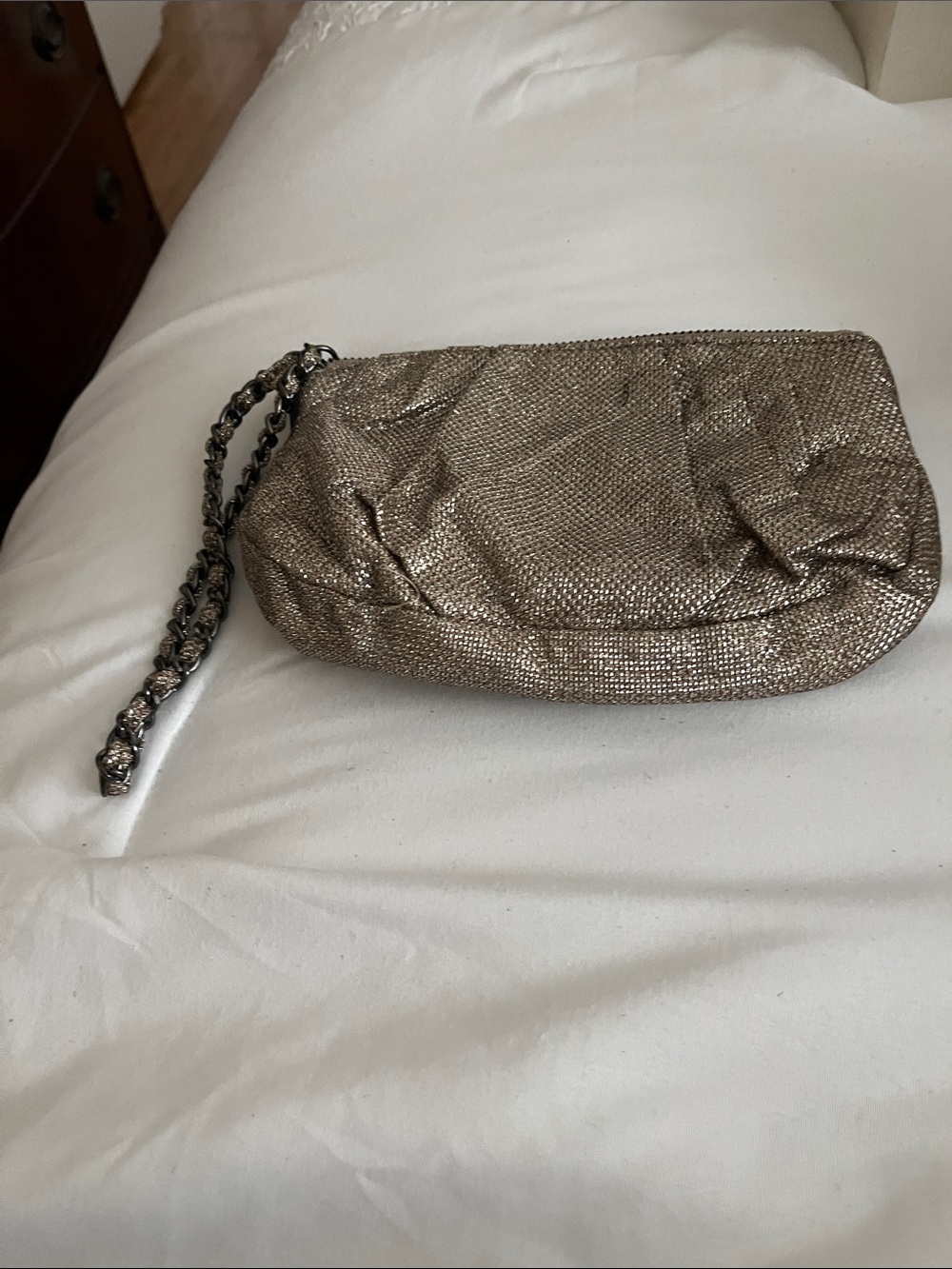 Express Sparkle Gold Chain Wristlet Clutch